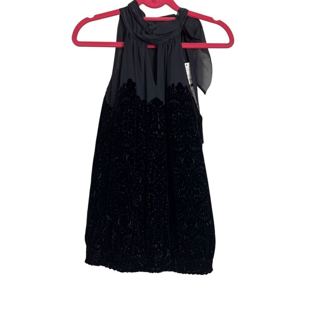 White House Black Market Blouse Womens Small Black Pleated Velvet Tie Neck NWT